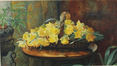 Lot 1193 - Edwardian English School watercolour - still life spring daffodils, 42cm x 74cm, in glazed gilt frame