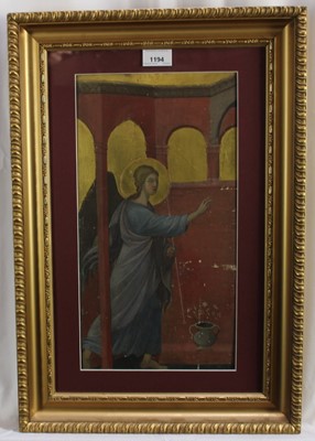 Lot 1194 - Viola Borradaile (Exh. 1924-1940) oil and tempera on panel - Angel of Annunciation, artist label verso, 40cm x 21cm, in glazed gilt frame