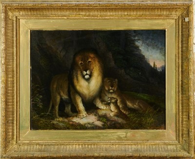 Lot 1202 - Late Victorian reverse painted picture on glass - Family of Lions, 36cm x 49cm, in gilt frame