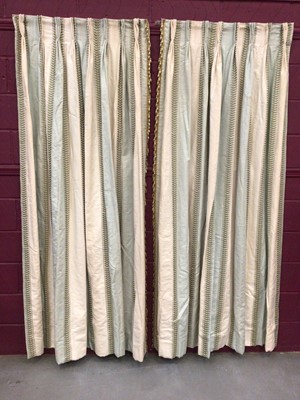 Lot 1434 - Colefax and Fowler good quality pair of interlined linen mix curtains, aqua and ivory verticals striped and green foliate embroidered pattern