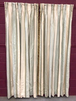 Lot 1435 - Colefax and Fowler good quality pair of interlined linen mix curtains, aqua and ivory vertical stripes with green foliate embroidered pattern