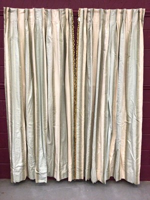 Lot 1436 - Colefax and Fowler good quality pair of interlined linen mix curtains, aqua and ivory vertical stripes with green foliate embroidered pattern