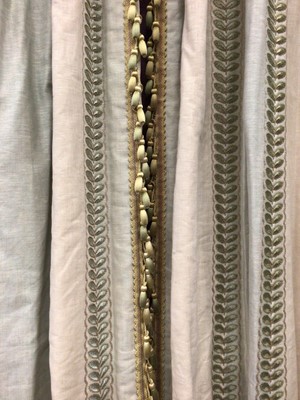 Lot 1437 - Colefax and Fowler good quality pair of interlined linen mix curtains, aqua and ivory vertical stripes with green foliate embroidered pattern