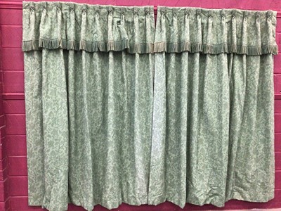 Lot 1441 - Good quality pair of interlined dark green crewel work style curtains, with single pinch pleat an integrated pelmet and bullion fringe trim