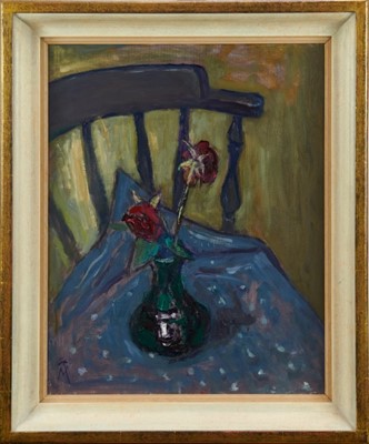 Lot 1131 - *Margaret Thomas (1916-2016) oil on board, Still life of roses in vase, signed with initials, 50 x 40cm, glazed frame