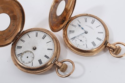 Lot 162 - Waltham gold plated pocket watch with leather watch chain and two other gold plated half hunter pocket watches (3)