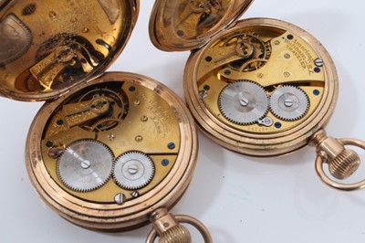 Lot 162 - Waltham gold plated pocket watch with leather watch chain and two other gold plated half hunter pocket watches (3)