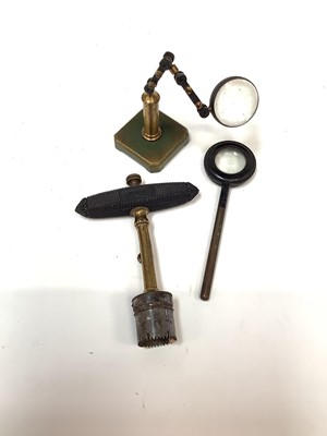 Lot 2521 - Unusual Victorian lacquered brass and steel Medical? Instrument marked Weiss, London, together with two magnifiers