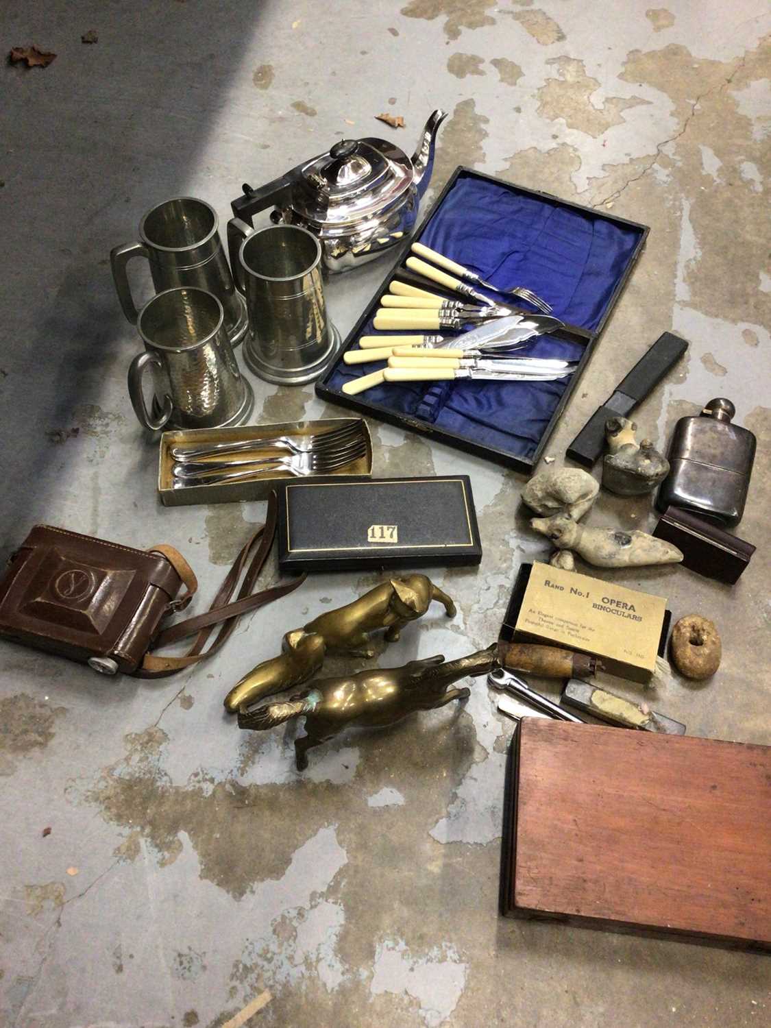 Lot 196 - Silver plated teapot, barometer, camera, cutlery and sundries