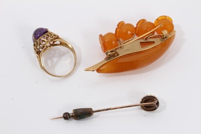 Lot 178 - 9ct gold mounted simulated amber lily of the valley brooch, 9ct gold purple cabochon stone ring and an opal stick pin