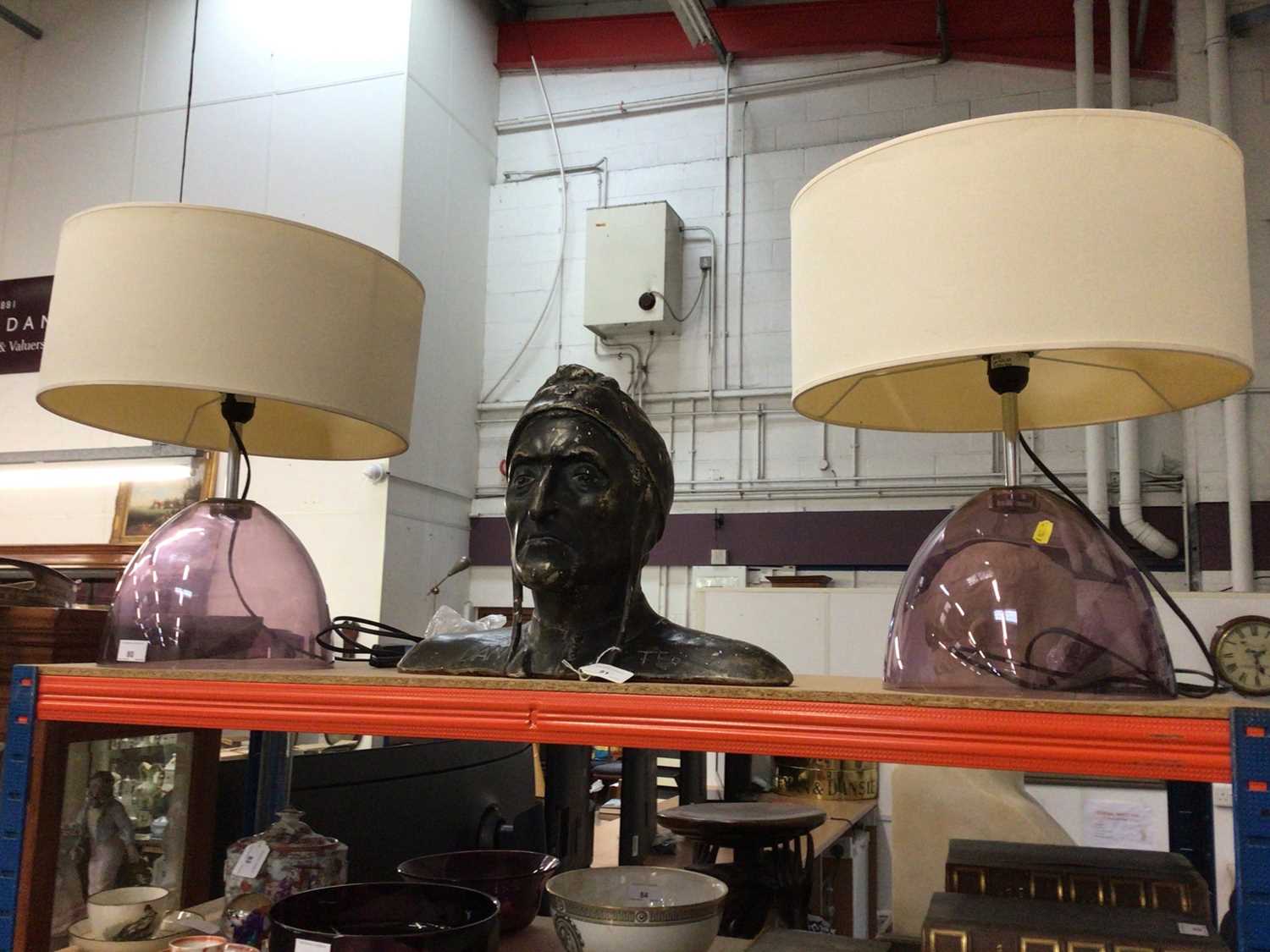 Lot 80 - A stylish pair of purple glass table lamps with shades