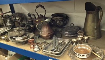 Lot 118 - Quantity of metalwares, including silver plate, copper kettle, etc