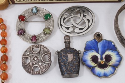Lot 47 - Two silver bangles, silver (900) enamelled pansy locket/compact pendant, Continental silver perfume bottle, raw amber bracelet, other costume jewellery and small selection of coins