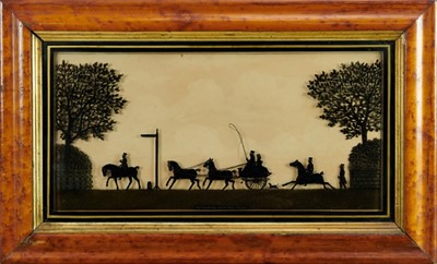 Lot 1011 - Pair of 19th century silhouettes in verre églomisé mounts with birds eye maple veneered frames 'On the road to the races' and 'Returning from the races'