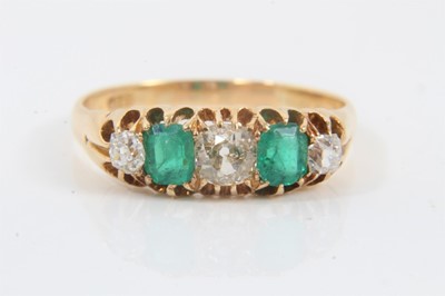 Lot 538 - Victorian diamond and green stone  five stone ring with three old cut cushion-shape diamonds in gold claw setting on 18ct yellow gold shank. Estimated total diamond weight appr...