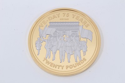 Lot 439 - Alderney - The Hattons of London - 'VE Day 75th Anniversary Gold Sovereign definitive seven coin proof set' 2020 to include Fifty Pounds (5oz), Twenty Pounds (2.5oz), Five Pounds (40gm), Double Sov...