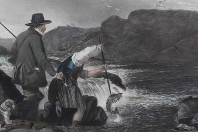 Lot 338 - Richard Andsell, 19th century hand coloured engraving - Fishing, Gaffing a Salmon, 42cm x 68cm, in glazed frame 
Provenance: Malcolm Innes Gallery, 10th March 1983