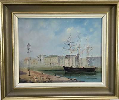 Lot 243 - George Horne, oil on board, A view of The Barbican Plymouth, signed, 
in gilt frame. 19 x 24cm.