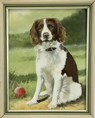Lot 245 - E.R. Batstone, oil on artist board, Kipper, a spaniel in a landscape, signed and dated 1987, in painted frame. 31 x 24cm.