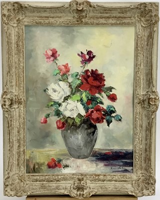 Lot 246 - English School mid 20th Century, oil on canvas,  
Summer flowers in a vase, indistinctly 
signed, in painted frame. 39 x 29cm.