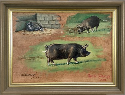 Lot 247 - Robin Furness born 1933, oil on artist board, ​"Harmony" the Berkshire sow, ​signed, inscribed and dated 2004, in painted frame. 
25 x 34cm.