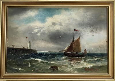 Lot 256 - Abraham Hulk jnr 1851 - 1922, oil on board, A fishing vessel off a jetty in a blow, 
signed, in gilt frame. 20 x 30cm.