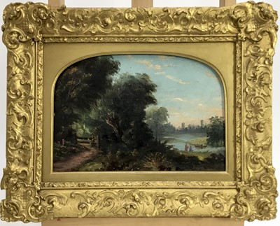 Lot 255 - English School circa 1860, oil on board, A wooded river landscape with a figure on a path 
and others fishing, in ornate gilt frame. 
18 x 25cm.