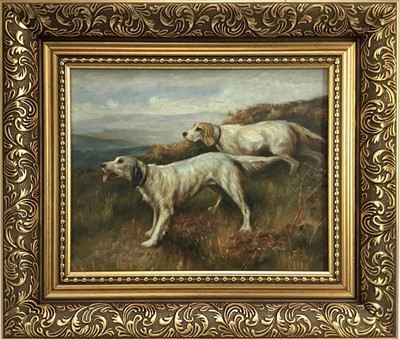 Lot 253 - English School early 20th Century, oil on board, Two hunting dogs in a wooded landscape, 
in gilt frame. 19 x 24cm.