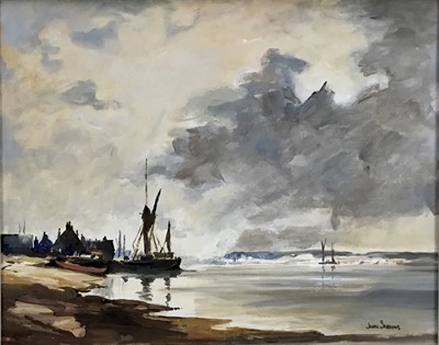 Lot 252 - John Snelling F.R.S.A.  born 1914, oil on canvas, 
Barges at Pin Mill, signed, in painted 
frame. 39 x 49cm.