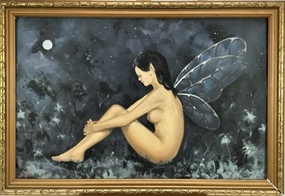 Lot 254 - English School, oil on board, A moonlit scene with a nude fairy seated on the  
ground, in gilt frame. 37 x 57cm.
