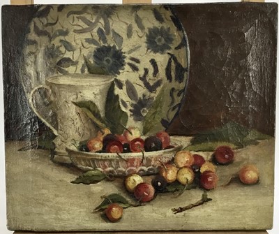 Lot 234 - Early 20th century English School oil on canvas - still life of cherries and pottery, unframed, 25cm x 30cm