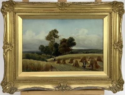 Lot 235 - Skelton, late 19th/early 20th entry, oil on panel - Harvest Landscape, 19cm x 29cm, in original glazed gilt frame