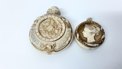 Lot 1321 - Two Victorian Royal Worcester blush ivory scent bottles commemorating Queen Victoria