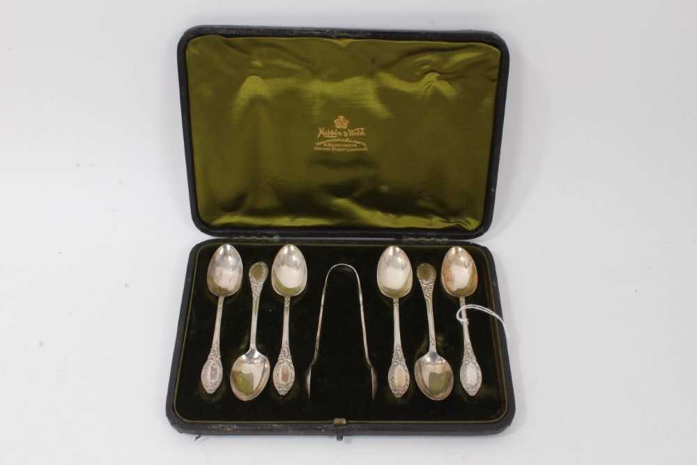Lot 43 - Cased set of six silver teaspoons and pair sugar tongs by Mappin & Webb