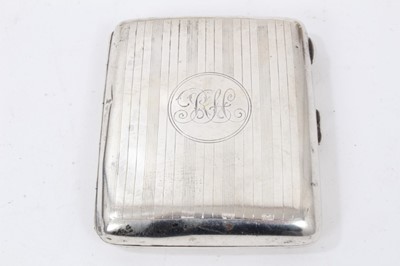 Lot 44 - Silver cigarette case, two silver napkin rings, Chinese silver napkin ring and two silver two-handled cups