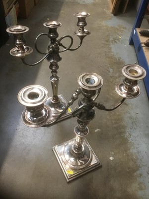 Lot 466 - Pair of old Sheffield plate three branch candelabrum