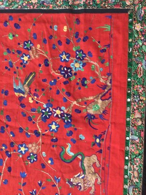 Lot 2150 - 19th Chinese wall hanging with silk and metallic thread embroidery.