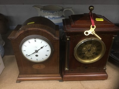 Lot 252 - Late Victorian brass inlaid mahogany mantel clock with gilded dial, together with another Edwardian inlaid mahogany mantel clock (2)