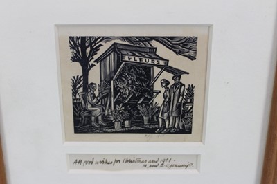 Lot 138 - Edgar Owen Jennings (1899-1985) wood engraving - Flower stall, pencil signed and dated 'E.S.J.1965', with a dedication below, image 7.5cm x 6cm, in glazed frame