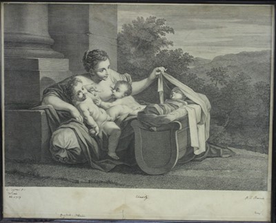 Lot 388 - Ravenet (18th century) after Carlo Cignani engraving - 'Charity', proof before letters, 48.5cm x 34cm, in glazed frame.
