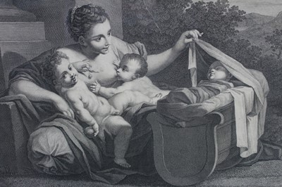 Lot 140 - Ravenet (18th century) after Carlo Cignani engraving - 'Charity', proof before letters, 48.5cm x 34cm, in glazed frame.