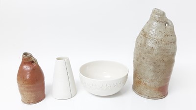 Lot 1195 - Two Lisa Hammond Maze Hill studio pottery Soda glaze vessels, 28cm high and 16cm high, together with two pieces by Daniel Smith - bowl, 16.5cm diameter and vessel 13cm high (4)