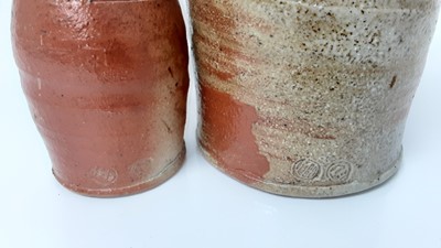 Lot 1195 - Two Lisa Hammond Maze Hill studio pottery Soda glaze vessels, 28cm high and 16cm high, together with two pieces by Daniel Smith - bowl, 16.5cm diameter and vessel 13cm high (4)