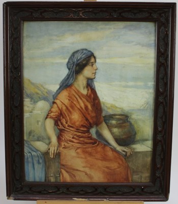 Lot 145 - Early 20th century watercolour - portrait of young woman in Middle Eastern landscape, 35cm x 43.5cm, in art nouveau frame.