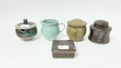 Lot 1198 - Five pieces of studio pottery including a salt glazed pot and cover by Phil Rogers, Margaret Firth jug, David Firth preserve pot, vessel and box with cover