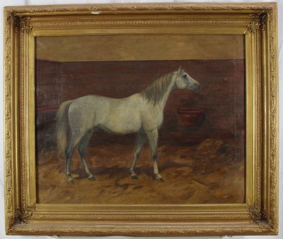 Lot 991 - English School, late 19th/early 20th century, oil on canvas - grey horse in a stable, indistinctly signed, in gilt frame