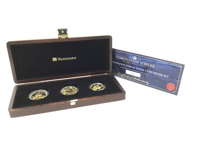 Lot 423 - World - Westminster issued silver proof three coin Five Pound proof set with selective 24ct gold plating to include Jersey, Guernsey and Gibraltar 2013 (N.B. In case of issue with certificate of au...