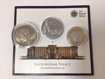 Lot 424 - G.B. - Mixed silver coins to include George V 'Wreath Crown' 1928 EF, Royal Mint £100 UNC (N.B. Fine Silver) and proof Two Pounds 'Brunel' 2006 F.D.C. (3 coins)