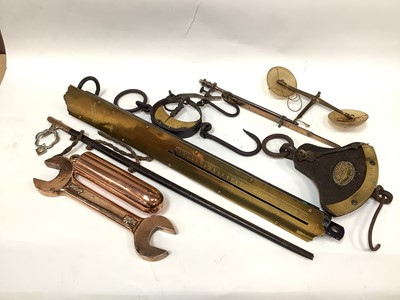 Lot 2539 - Collection of spring balance scales and other scales, including Salter, together with a large bronze spanner with copper finish