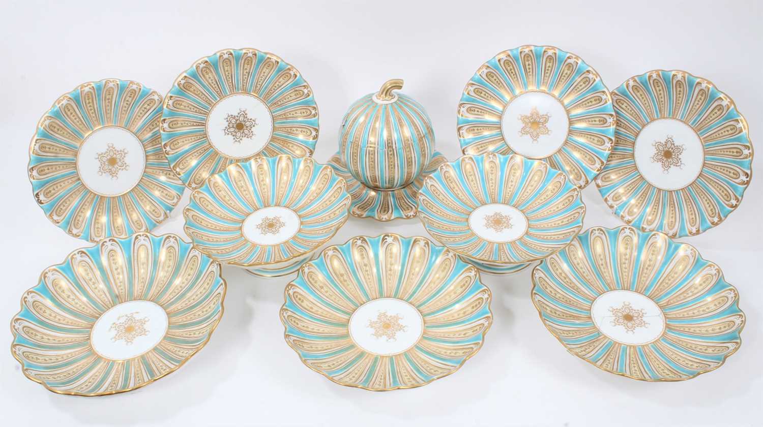 Lot 88 - 19th century Davenport porcelain dessert service on turquoise and gold ground